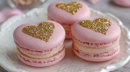 Heart shaped pink macarons with glitter