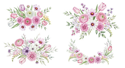 Watercolor Floral Clipart Set – Pink Ranunculus, Tulip, Cosmos, Dahlia & Freesia Bouquets on Transparent Background
