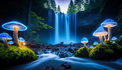 a bioluminescent forest scene features glowing mushrooms surrounding a waterfall