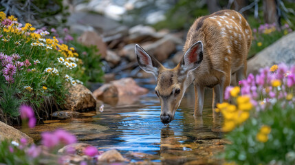A deer drinking from a stream surrounded by wildflowers
