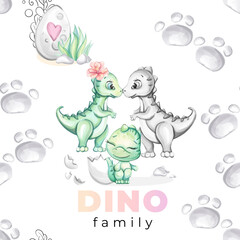 Seamless watercolor pattern cute newborn baby dinosaurs family mom and dad for nursery design in cartoon style for print, wallpaper, fabric