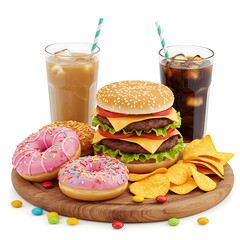 A compilation of classic junk food items, including a double patty burger, sugary donuts, and crispy chips, all on a wooden board.
