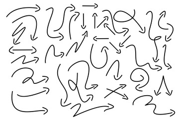 Set of simple hand-drawn black arrows in various styles. Set of simple hand-drawn black arrows. Set of simple hand-drawn black arrows. Various collections of simple line arrows.