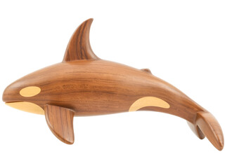 A brown wooden toy airplane and horse, with an isolated wooden shark illustration, and a wooden spoon