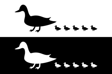 Duck and duckling silhouette icon. Animal icon. Black and white icon. Silhouette icon. Vector graphic isolated on a white background