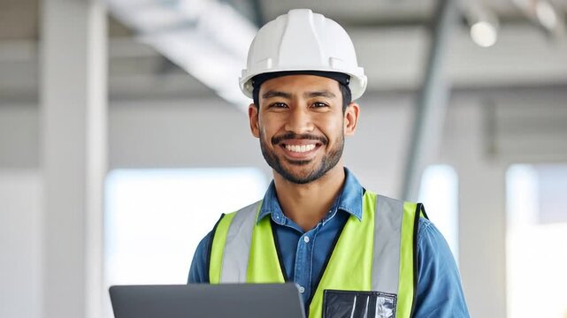 Smiling construction worker with laptop