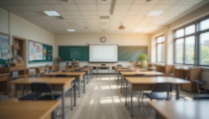 Blurred A sunlit classroom with wooden desks, a green chalkboard, and large windows that cast shadows on the floor. Empty chairs face the teacher's desk and chalkboard.