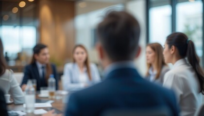 Fototapeta premium Blur Photo A group of professionals in a modern office are engaged in a collaborative meeting, discussing strategy and sharing ideas at a conference table.