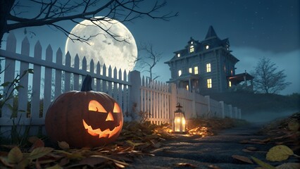 Halloween night scene with pumpkin lantern haunted house and full moon behind a white picket fence