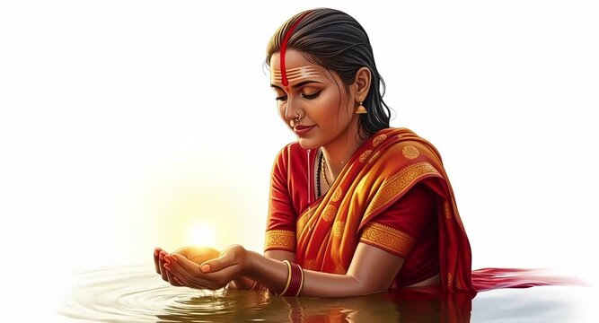 Woman in Traditional Attire Praying in Water on Chhath Puja