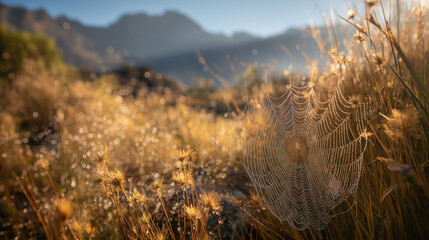 Morning dew on spider webs in mountain grass
