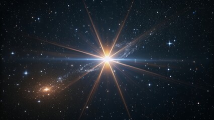 A bright star with radiating light beams surrounded by a field of stars in dark space view scene