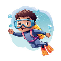 Watercolor, child scuba diving, sidewards angle 4K, clipart, simple design, white background, muted pastel colors, simple shapes, isolated on white, suitable for nursery decor 