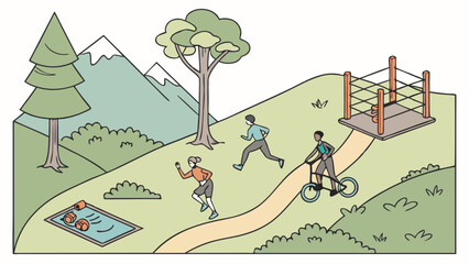 People running and cycling outdoors in nature, active adults enjoying fitness and sports on a mountain park trail.