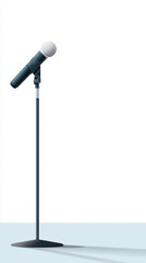 Single microphone on stand, ready for performance on stage. Professional audio equipment for concert, interview, or speech, isolated on white background with shadow