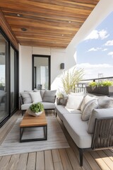 Fototapeta premium Modern balcony with light beige furniture, wooden accents, and city views