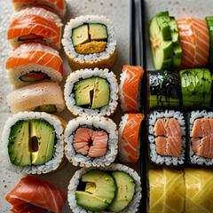Fresh assorted sushi rolls arranged neatly, captured in a close-up with professional studio lighting.