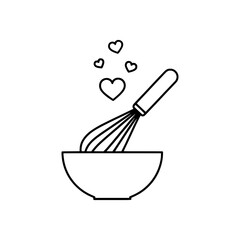 outline icon of a bowl with a whisk and floating hearts symbolizing love for baking