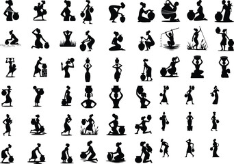 African Woman Carrying Pot Silhouette Set – Tribal Icon Collection Traditional African Woman Silhouettes – Pot Carrying Poses Icon Pack