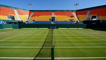 Obraz premium Empty Tennis Court with Colorful Seating in a Grand Stadium Ready for Tournament Play and Competition on a Bright Sunny Day
