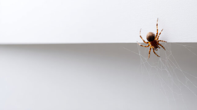 Creepy brown spider hanging on web in corner. scary arachnid on simple white background with copy space. small isolated animal creates feeling of fear
