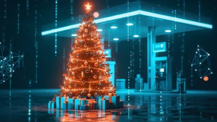A beautifully decorated Christmas tree with glowing lights and ornaments stands in a futuristic gas station surrounded by digital rain and colorful presents creating a festive atmosphere - Powered by Adobe