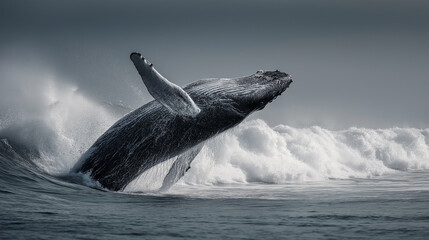 Fototapeta premium Monochrome Humpback Whale Leaping from Ocean Wave