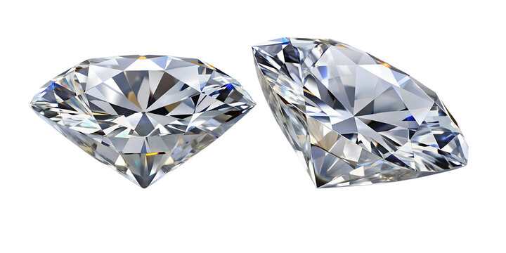 Two Sparkling Diamonds with Intricate Facets and Brilliant Reflections on Transparent Background clear diamonds
