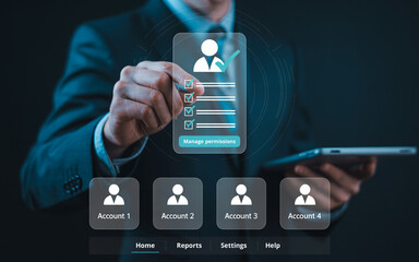 Businessman managing user accounts and permissions on a tablet device for security and access control.