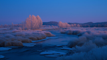 Predawn Blue Light Over Frozen River Banks
