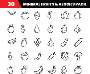 Minimal Fruits & Veggies Pack – Clean Line Icons of Fresh Food in Black Outline Style on White Background