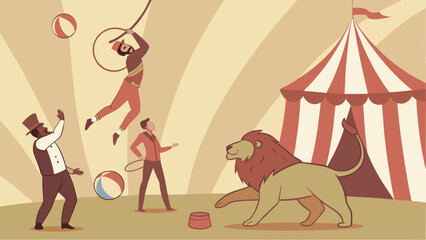 Vintage Circus Show with Performers, Lion, and Big Top Tent. Classic Entertainment and Fun Spectacle.