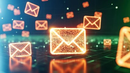 A vibrant digital representation of glowing email icons floating above a futuristic grid background symbolizing communication and technology in a modern interconnected world - Powered by Adobe