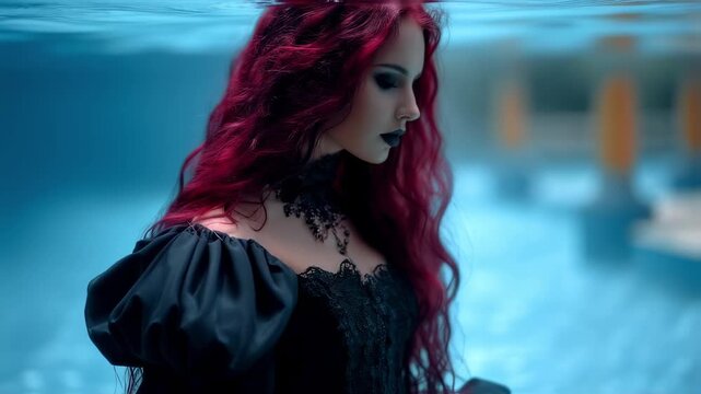 woman with red hair, gothic dress and makeup is standing under the water. 