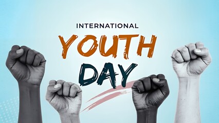 International youth day celebration with diverse raised fists against a light blue background