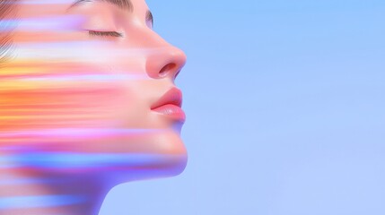 Obraz premium Serene Portrait of a Young Woman with Soft Features and Gentle Lighting, Capturing Tranquility and Beauty Amidst a Colorful Abstract Background