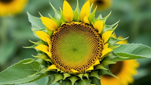 Unfolding Sunflower Bud Revealing Golden Fibonacci Pattern