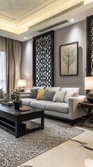 Modern Asian-style living room with light gray sofa, dark wood accents, and patterned rug