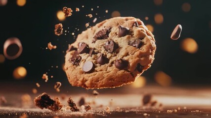 Chocolate Chip Cookie in Mid-Air: A close-up shot of a single chocolate chip cookie frozen mid-air, the golden-brown confection with scattered chocolate chips and crumbly edges. The backdrop.