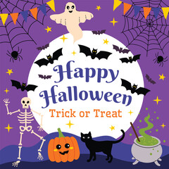 Cute Happy Halloween card with big white moon, bats, spider web, pumpkin, ghost, black cat, skeleton and cauldron.