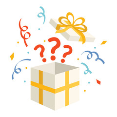 White mystery gift box with yellow bow, open lid, and floating question marks.