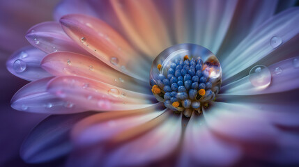 A drop of water refracting a flower on a macro roof