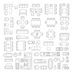 Obraz premium Art of collection of topdown furniture symbols and layouts for interior design and architectural planning, isolated on white background