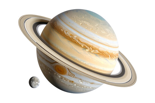Angled View of Planet Saturn with Tilted Rings and Twin Moons in Orbit, Realistic Space Rendering, isolated on transparent background PNG