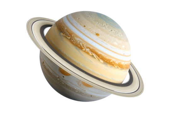 Angled View of Planet Saturn with Tilted Rings and Twin Moons in Orbit, Realistic Space Rendering, isolated on transparent background PNG