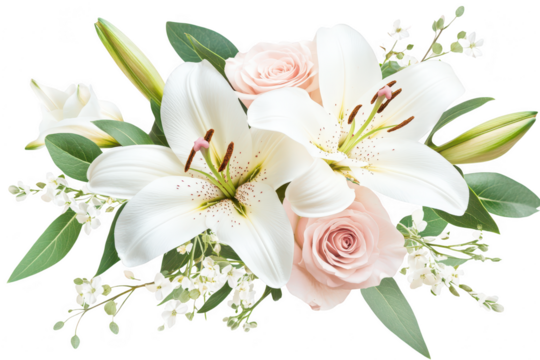 Elegant arrangement of white lilies and soft pink roses with delicate greenery isolated on transparent background - Powered by Adobe