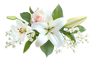 Obraz premium Elegant floral arrangement featuring white lilies and a delicate pink rose isolated on transparent background