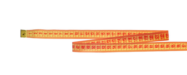 Yellow metric measuring tape flying, isolated on white background, clipping path	