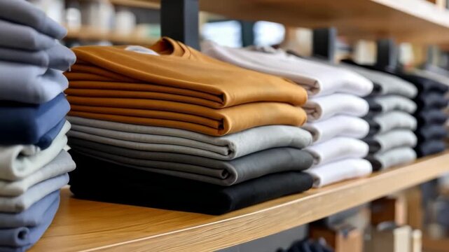 Colorful clothing stacks in a retail store showcasing various styles and fabrics in an organized display for shoppers to browse