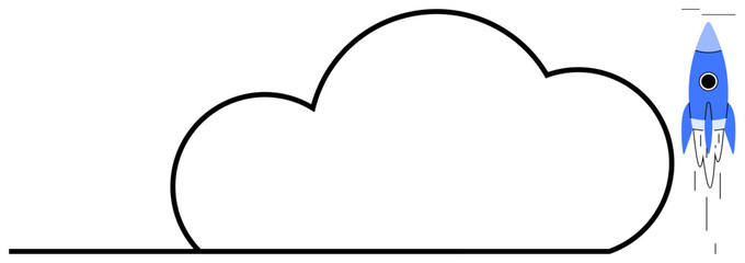 Blue rocket ascending alongside a bold cloud outline signifies ambition and drive. Ideal for technology, startup growth, innovation, progress, success, future vision, creativity as simple flat